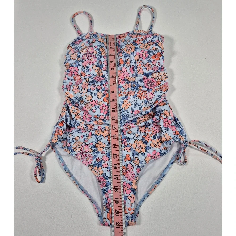 Floral Ribbed One Piece Swimsuit Sweetheart Neckline Side Tie Size Small‎ NWOT